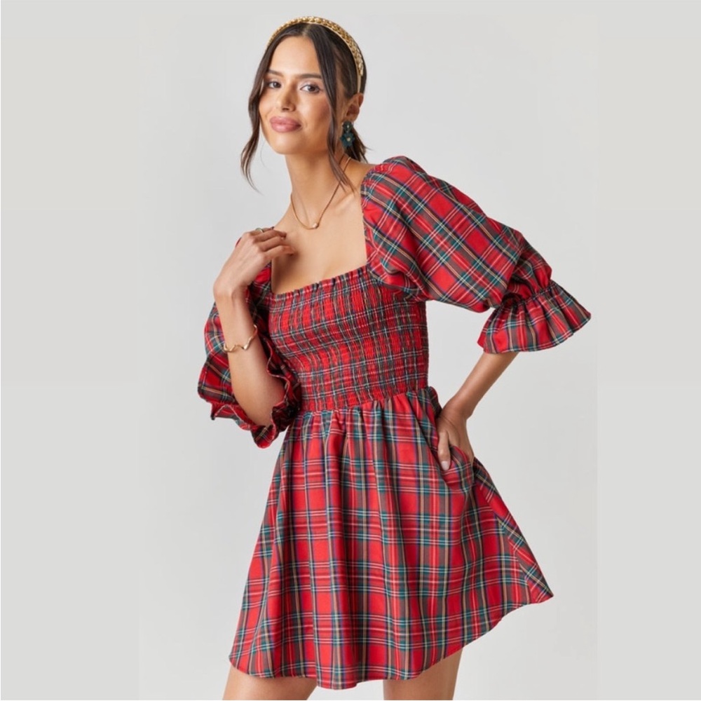 Plaid Red Christmas Dress Puff Sleeve